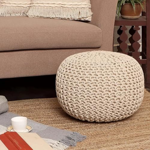 · REDEARTH · Round Pouf Ottoman - Cable Knitted Boho Poof - Home Décor Cord Pouffe Handmade Circular Footrest for Living Room - Bedroom - Kids Bedroom - 100% Cotton Pouf (19.5"x19.5"x14") - Natural - color: Ivory, size: 19.5"D x 19.5"W x 14"H