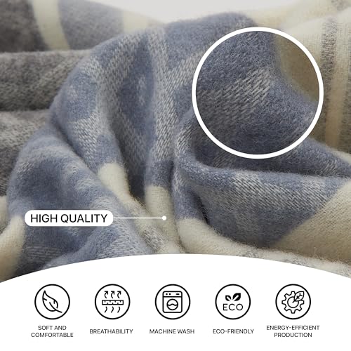 | Wool Blanket/Throw | 100% New Zealand Wool | Perfect for Home and Outdoors | Virgin Wool Throw with Fringes 75"x87" (190 x 220 cm) - color: Blue/Gray/Milky, size: Full