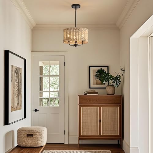3-Light Rattan Chandelier for Dining Room, Boho Chandelier, Coastal Hand Woven Pendant Light Fixture for Kitchen Island Entryway Foyer Living Room Bedroom UL Listed Black - color: Black, size: 12.6"