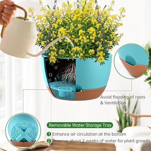 Set of 2 Hanging Planters for Indoor Outdoor Plants, 10 Inch Self-Watering Hanging Flower Pots with Drainage Hole & Removable Water-Storage Tray (Hooks) - color: Sky Blue, size: 10 Inch (M)