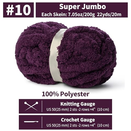 10 Pack Jumbo Chenille Yarn for Crocheting, #10 Super Bulky Baby Soft Yarn for Hand Knitting, 220 yds /70.5 oz Fluffy Chunky Knit Throw Blanket Yarn (Deep Purple) - color: Deep Purple