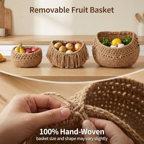 3 Tier Hanging Fruit Basket, Jute Wall Baskets, Hanging Produce Baskets for Storage Fruits and Vegetables, Hanging Basket Wall for Kitchen, Bedroom, Bathroom (Brown) - color: Brown, size: 3 Tier / Standard