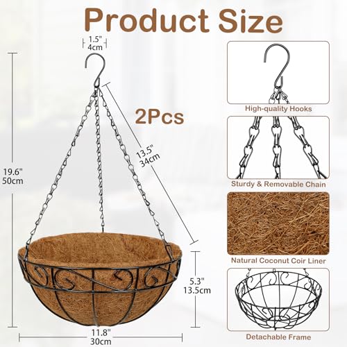 2 Pack 12 inch Metal Hanging Baskets for Plants, Round Metal Wire Hanging Basket Planter with Coco Fiber Liners Chain for Garden Home Porch Patio, Flower Border - size: 12" x 2 Pack, style: Flower Border