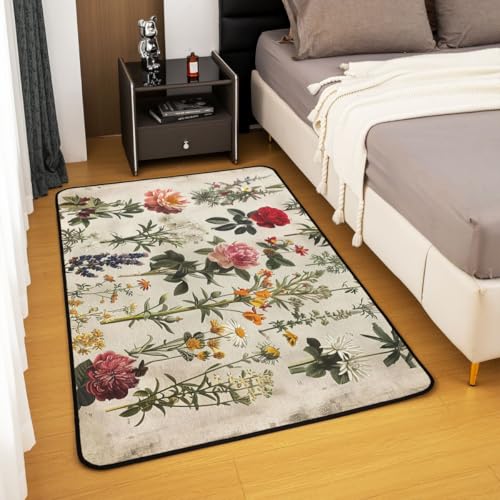 Erosebridal Vintage Botanical Flower Area Rug 6'6" x 4'11" Retro Floral Living Room Rugs Nature Plant Illustration Decorative Carpet Country Garden Indoor Floor Mat - color: Beige Cream, size: 4'11" x 6'6" (Rectangular)