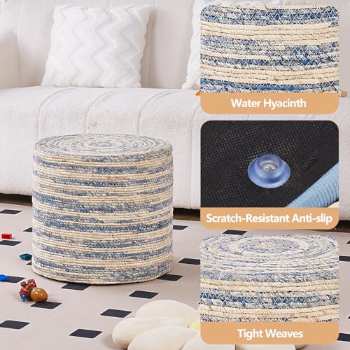 Wimarsbon 18'' Ottoman Pouf, Natural Braided Poof, Rustic Handweave Lounge Pouffe, Boho Footrest Stool for Bedroom, Accent Table for Living Room (Blue Corn Husk) - color: 18inch Natural & Blue Corn Husk