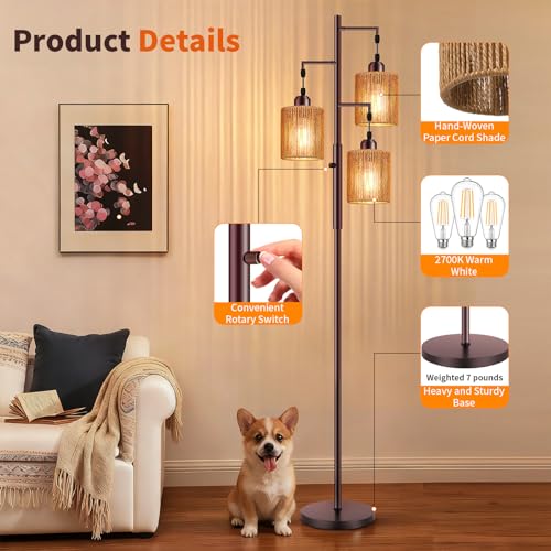 Hotsonic 72" Tall Boho Rattan Style Floor Lamp with Hand-Woven Paper Cord Shade, Dimmable Industrial Tree Standing Lamp for Living Room, Bedroom, Study Room, Office (3 x 800LM Bulbs Included) - Brown - color: Oil-Rubbed Bronze+Light Brown