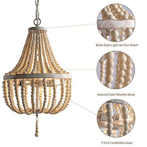 3-Light Mini Wood Beaded Bohemian Plug in Chandelier Dimmable and Timer Pendant Light Fixture with 16.4ft Swag Cord,Antique Metal Finish Natural Color Beads,Dining Room,Living Room,Foyer,Bedroom… - color: White distressed, size: Plug in-3 Light