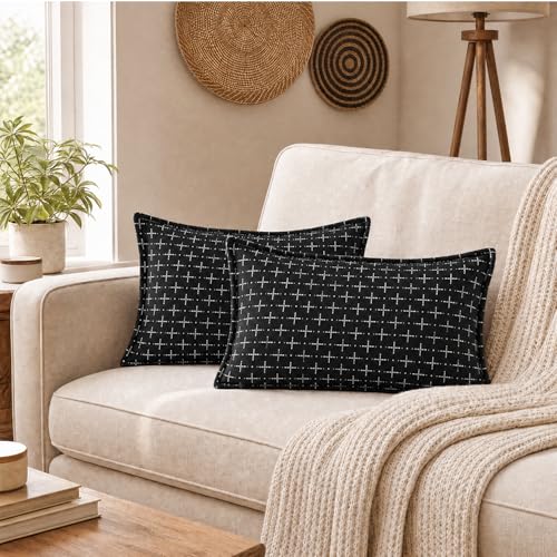 AVOIN colorlife Pack of 2 Decorative Throw Pillow Covers 20x12 Inch, Flange Edges Woven Textured Cushion Case Home Decor for Couch Sofa Bed Living Room Black - color: Black, size: 20" x 12" (Pack of 2)