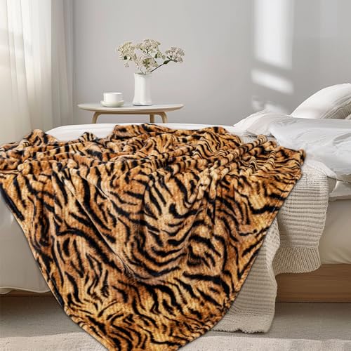 MACEVIA Flannel Fleece Throw Blanket for Couch, Brown Tiger Print Blanket, Fuzzy Cozy Comfy Super Soft Fluffy Plush Animal Print Blankets for Bed Sofa, Suitable for All Seasons (Tiger,50x60inches) - color: Tiger Print 01, size: Flannel Fleece (50x60 IN)