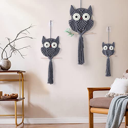 MVSUTA Owl Grey Cotton Handmade Macrame Wall Hanging Tapestry Home Decor Art and Gray Craft Wonderful Decoration Woven Boho Ornament for Office Bedroom Apartment Nursery Gallery,3pcs set:1pc L & 1pc M - color: Grey, size: 3pcs set:1pc L & 1pc M & 1pc S