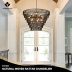 39.4" Large Rattan Chandelier, 15-Light Black Boho Woven Wicker Chandeliers, 7-Tier Rustic Farmhouse Drum Light Fixture for Dining Room, Kitchen, Living Room, Entryway, E12 - color: Black 39IN