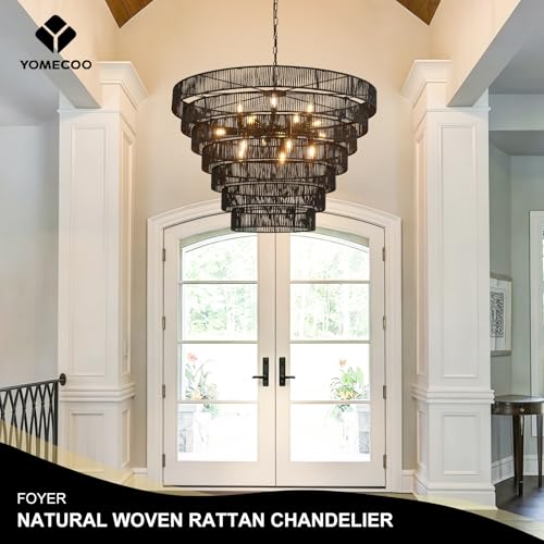 39.4" Large Rattan Chandelier, 15-Light Black Boho Woven Wicker Chandeliers, 7-Tier Rustic Farmhouse Drum Light Fixture for Dining Room, Kitchen, Living Room, Entryway, E12 - color: Black 39IN