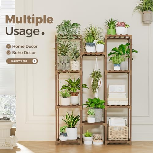 Bamworld Plant Stand Indoor Outdoor Tall Plant Shelf for Multiple Plants Pots Wood Flower Stand Large Flower Holder for Living Room, Patio, Balcony, Garden Decor, Brown - color: Brown, style: Cabinet
