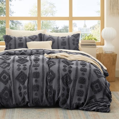 Bedsure Boho Duvet Cover King - Tufted Boho Bedding, Farmhouse-Style Distressed Vintage Embroidery Bedding for All Seasons, 3 Pieces, 1 Soft Jacquard King Comforter Cover and 2 Pillow Shams - color: 04 - Gray Tufted (No Comforter), size: King (104" X 90")