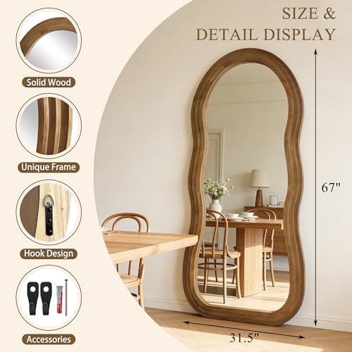Wavy Full Length Mirror, 67"x31.5" Organic Floor Mirror with Triple-Layer Solid Wood Frame, Large Irregular Aesthetic Mirrors for Entryway Hallway Cloakroom Living Room, Leaning/Hanging - color: Natural Wavy Frame, size: 67"L x 31.5"W
