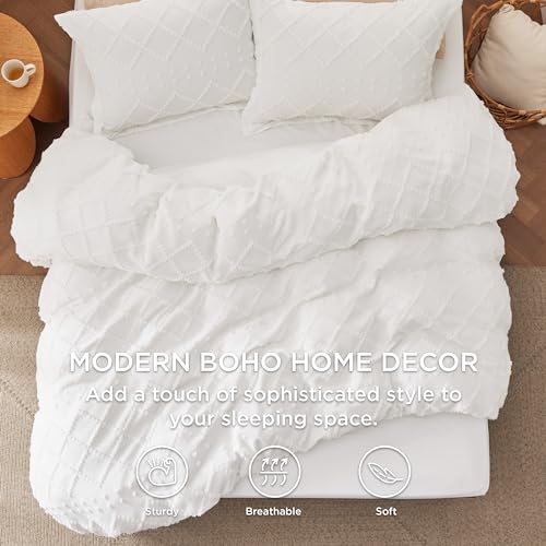 Bedsure Boho Duvet Cover King Size with Fitted Sheet - Boho Bedding Comforter Set, 4 Pieces, Includes 1 Duvet Cover 104"x90" with Zipper Closure, 2 Pillow Shams, 1 Fitted Sheet, White - color: 01 - White (No Comforter), size: King (With Fitted Sheet)
