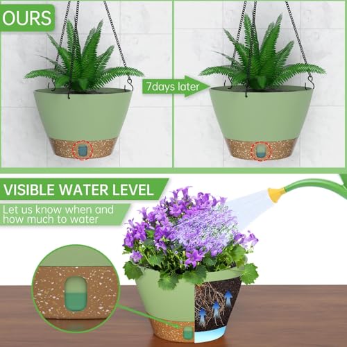 ZMTECH 2 Pack 10 Inch Hanging Baskets for Plants Outdoor Indoor, Modern Green Planters with Water Level Window & Metal Chain for Balcony Patio Garden Home Decor - color: Green, size: 10 Inch