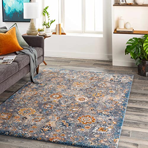 Hauteloom Nimes Living Room, Bedroom Area Rug - Floral Medallion Distressed Border Faded - Traditional Oriental Transitional - High Pile - Gray, Beige, Cream, Blue, Brown - 5'3" x 7'3" - color: Gray, Beige, Cream / Cochituate, size: 5'3" x 7'3" (Rectangul