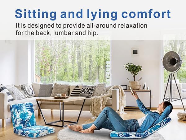 JMGBird Adjustable Floor Chair - 5-Position Gaming & Meditation Cushion with Back Support, Waterproof Blue Palm Leaves Design for Indoor/Outdoor Use