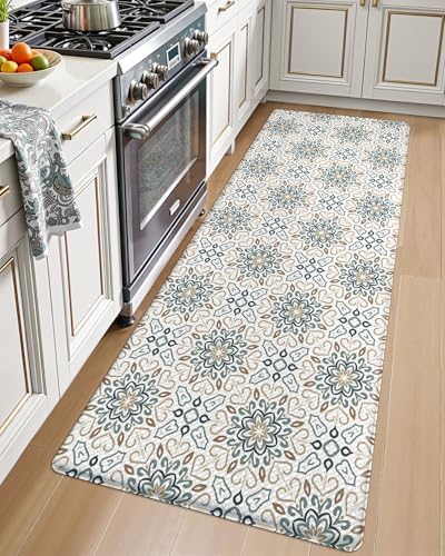 LUMI Anti Fatigue Kitchen Cushioned Mat for Floor, Padded Waterproof Runner for Standing, Stain Resistant Comfort Rugs for Home, Sink, Laundry, 24x59 - color: Beige and Blue, size: 59"L x 24"W x 0.4"Th