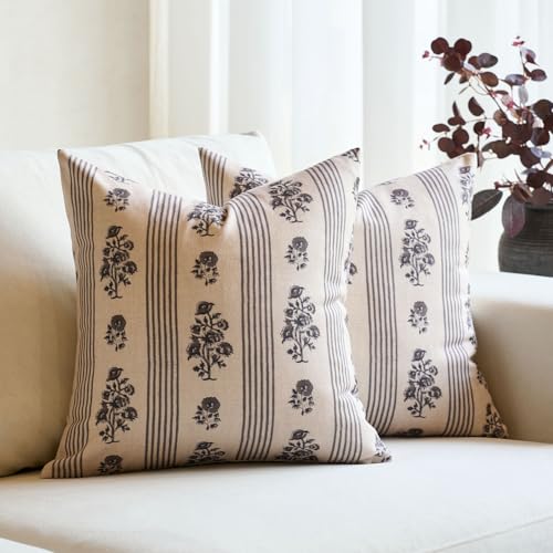 Amor Virisso Floral Throw Pillow Covers 20x20 Set of 2 Block Print Pillow Covers Neutral Floral Striped Farmhouse Decorative Pillow Covers for Sofa Couch Bed, Light Taupe - color: Light Taupe, size: 20" x 20" (Pack of 2)