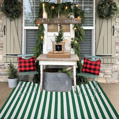 Green & White Striped Rug, 4' x 6' Indoor/Outdoor Area Rug for Front Porch, Entryway, Machine Washable Cotton Woven Welcome Door Mat - color: Green & White Stripe, size: 4' x 6' (Rectangular)