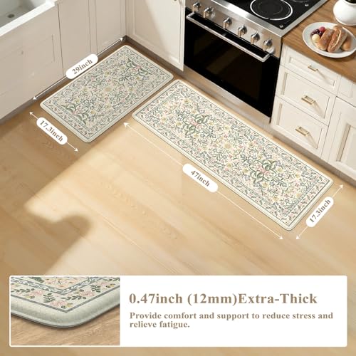 Collive Anti Fatigue Mat for Kitchen Floor, Spring Floral Kitchen Mats for Floor Set of 2, Beige Cushioned Waterproof Sink Rugs Non Slip Comfort Standing Rug for Office, Laundry, Desk - color: Beige, size: 17.3"x47"+17.3"x29"