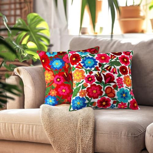HunnmingRe 2 Pcs Mexican Boho Throw Pillow Covers 18 x 18 Inch Embroidery Colorful Floral Throw Pillows Ethnic Decorative Fiesta Cushion Covers for Bed Couch Sofa Home Decor(White, Red) - color: Red,white