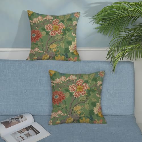 Chinoiserie Throw Pillow Covers 16x16 Inch 2 Pcs Sage Green Pink Floral Decor Pillow Covers Vintage Flower Spring Summer Outdoor Boho Decorative Pillowcase Linen Cushion Cover for Couch - color: Chinoiserie Green Pink Floral, size: 16" x 16" (Pack of 2)