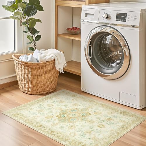 jinchan Spring Floral 2x3 Rug for Entryway - Distressed Washable Area Rug Low Pile Soft Small Non Slip Indoor Door mat Accent for Entrance Kitchen Bathroom Bedroom (2x3ft, Yellow Green/Teal) - color: Floral Yellow Green/Teal, size: 2' x 3' (Rectangular)