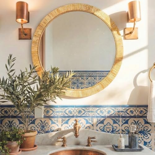 24"x24" inch Rattan Mirrors for Wall, Rustic Farmhouse Style Handmade Wicker Rattan Frame, Boho Wall Mirror for Bedroom, Bathroom, Livingroom, Hallway - color: Round 24*24