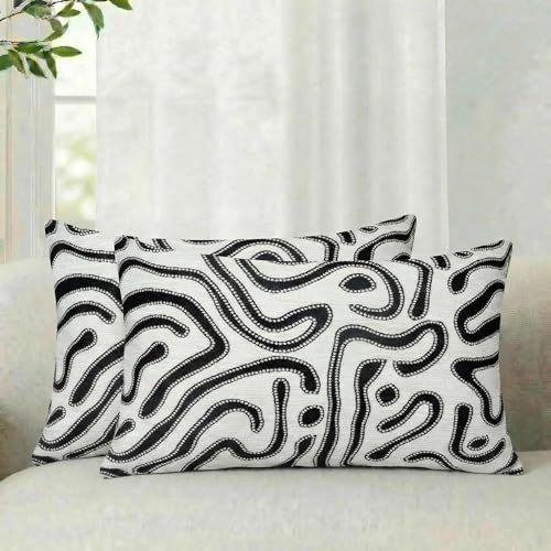 Mantle & Mason Lumbar Pillow Covers 12x20 Set of 2, Chenille Modern Abstract Throw Pillow Covers, White Luxury Textured Decorative Pillow Cover for Couch Sofa Bed Office - color: Artflow Black White, size: 20" x 12" (Pack of 2)