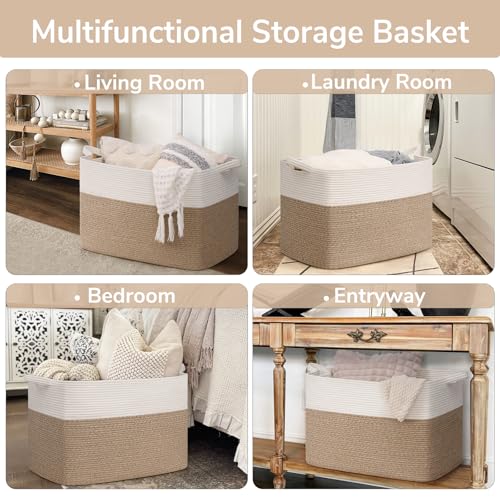 Goodpick Large Woven Blanket Basket 105L, 25"x16"x16" Cotton Rope Organizer for Toys, Dirty Clothes, Extra Large Rectangle Storage Basket for Living Room, Bedroom, White & Brown - color: White & Light Brown, size: XX-Large(25"L x 16"W x 16"H)