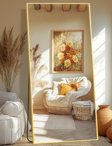 TRAHOME Full Length Mirror, 75"x35" Rectangle Standing Floor Full Body Mirror for Wall with Aluminum Alloy Frame for Bedroom, Living Room, Dressing Room(Gold) - color: Gold, size: 75"L x 35"W