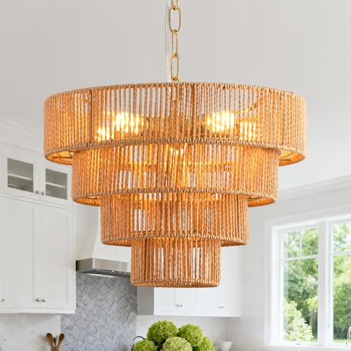 Boho Pendant Light Fixtures,15.7" Rattan Hanging Lamp for Kitchen Island,5-Light Hand-Woven Chandelier Height Adjustable,Natural Wicker Lamps for Dining Room Living Room Bedroom Hallway Entryway,Brown - color: 15.7" Brown