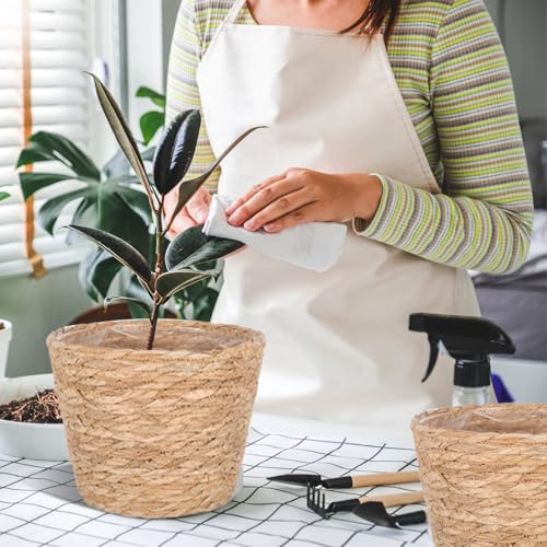 6 Pack Seagrass Planter Basket for Indoor Plants, 7 Inch Woven Plant Pot Cover with Leak-Proof Liner, Rustic Boho Flower Container for Home Decor, Organizing, and Concealing Nursery Pots