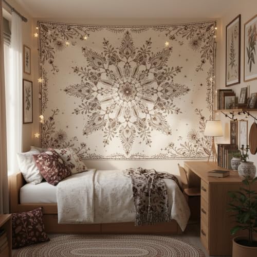 Accnicc Boho Floral Mandala Tapestry Wall Hanging Bohemian Beige Flower Tapestry Aesthetic Hippie Indian Extra Large Tapestries for Bedroom Living Room Dorm Decor 90 x 68 Inch - color: Beige White, size: 90"L x 68"W