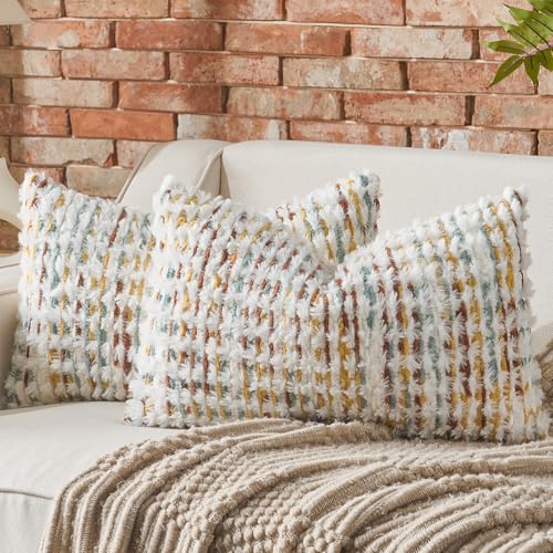 AmHoo Set of 2 Boho Chenille Pillow Cover Decorative Tufted Pillowcase for Couch Bed Sofa Bedroom Living Room Modern 12 x 20-Inch Brown White - color: Brown White, size: 20" x 12" (Pack of 2)