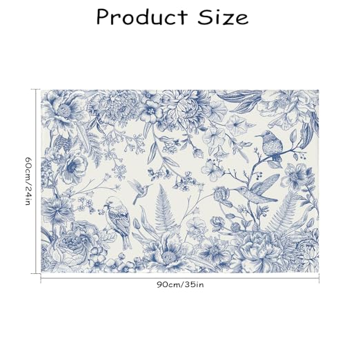 Spring Summer Blue Floral Bird Rug 2x3 Chinoiserie Vintage Flower Decorative Indoor Outdoor Doormat Small Non-Slip Low Pile Front Door Mat Area Rugs for Living Room Bedroom Home Decor - color: Chinoiserie Blue Flower