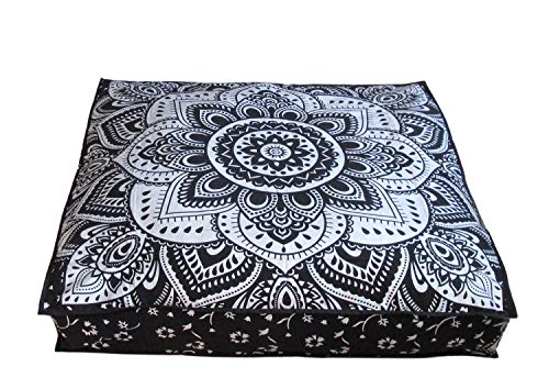 CRAFT KALA Mandala Floor Pillow Cushion Cover Seating Throw Cover Hippie Decorative Bohemian Ottoman Poufs Pillow Cases Boho Indian Cotton Living Room Yoga Home Décor 24" Square, Black Silver Flower - color: Black Silver Flower, size: 24" x 24" (Pack of 1