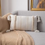 Boho Lumbar Throw Pillow Cover for Bedroom and Living Room Bohemian Tufted Decorative Cushion Cover Farmhouse Throw Pillow Case with Tassels (Cream, 12"x20") - size: 20" x 12" (Pack of 1)