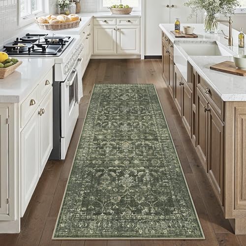 3x7 Green Runner Rug Hallway Washable Area Rugs Kitchen Vintage Boho Non Slip Long Rug Floral Carpet Indoor Retro Soft Low Pile Throw Rug for Bedroom Bathroom Laundry Dining Living Room Office - color: Dark Green, size: 3' × 7' (Runner)