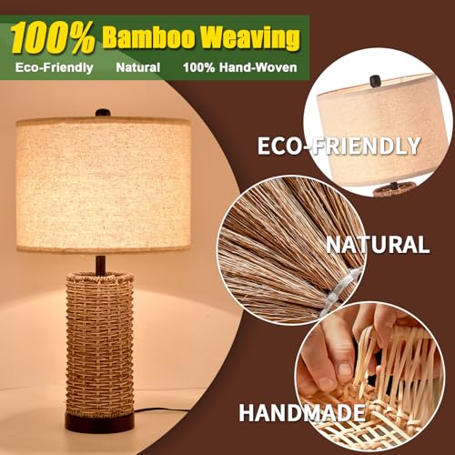 23.3" Boho Table Lamps for Living Room, Bedside Lamp for Nightstands, Rattan Lamp Wicker Lamp for Bedroom, Farmhouse Rustic Woven Table Lamp for Kitchen Room Decor, End Table, Retro(No Bulb) - color: Rattan-A