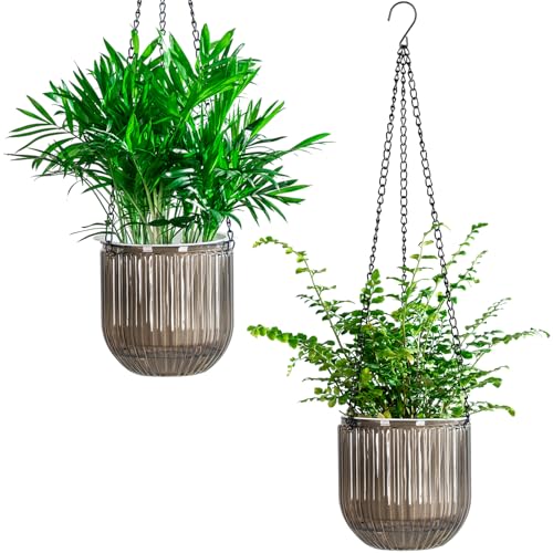 Josteve 5.2 Inch 2 Pcs Self Watering Hanging Planter Indoor Plant Pots Drainage Holes, Outdoor Small Hanging Planters Flower Pot Basket, Visible Water Level, Plant Hanger Home Decor, Gardening - color: Gray, size: 2*5.2 inch
