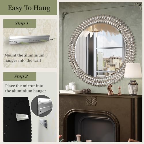 Kelly Miller 36" Large Round Jeweled Wall Mirror, Luxury Diamond Beveled Decorative Mirror for Bedroom Living Room Bathroom Hallway Entryway Fireplace - size: 36"L x 36"W