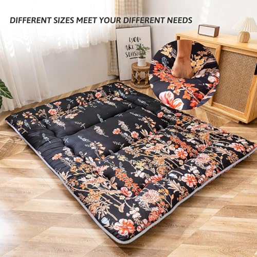 Black Floral Japanese Futon Floor Mattress, Mattress Topper Portable Thick Sleeping Pad Floor Mat Roll Up Camping Mattress Folding Couch Mattress Pad for Guest Room, Twin Size - color: Black Floral, size: Twin