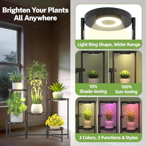 iDavosic.ly 6 Tier Large Plant Stand Indoor with Grow Light, Tiered Corner Metal Outdoor Flower Display Holder Shelf with 10 Inch Wide Tray, Folding Tall Rack for Patio Porch Living Room, Black - color: Black with Lights, size: 6 Tiers