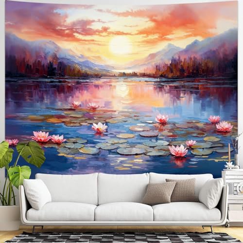 kampdream Landscape Tapestry, Scenery Art Wall Tapestries, Nature Wall Decor for Bedroom Living Room Backdrop Sunset Pond Lotus 44×60 inches - color: Sunset Pond, size: 60"L x 44"W