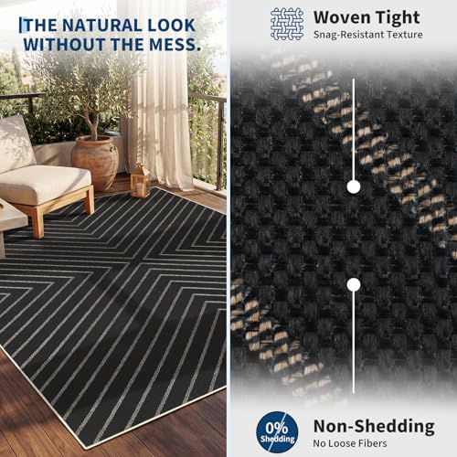 Garvee Easy Jute 9x12 Large Area Rug for Living Room Striped Black Indoor Outdoor Rugs Non Slip Low Pile Patio Outdoor Rugs Washable Carpet for Porch Bedroom Living Room Backyard, 9'x12' - color: Striped|black, size: 9' x 12' (Rectangular)