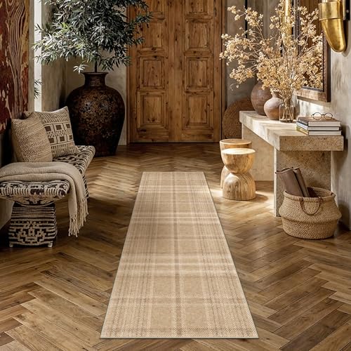2x6 Brown Runner Rug for Kitchen Machine Washable Low Pile Checkered Carpet Modern Accent Soft Non Slip Rug for Bathroom Bedroom Nursery Indoor - color: Brown, size: 2' x 6' (Runner)